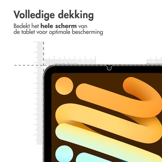 Detail van een iPad Mini met screenprotector, met liniaal die de volledige dekking aangeeft. "Volledige dekking".