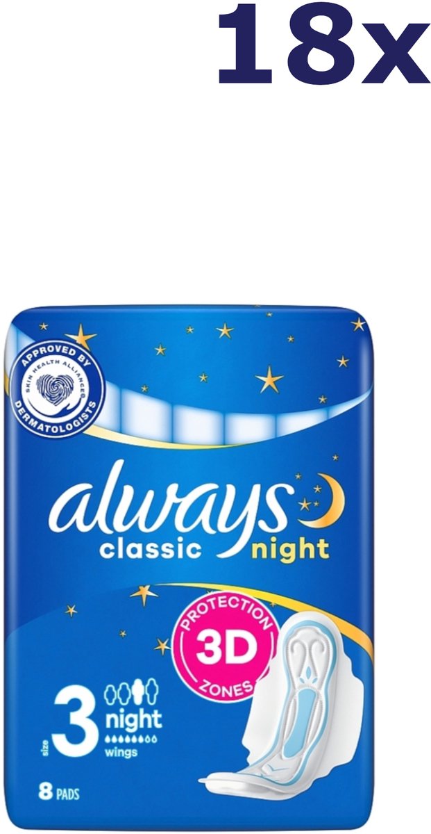 18x Always maandverband Classic 8st nacht met vleugeltjes maat 3