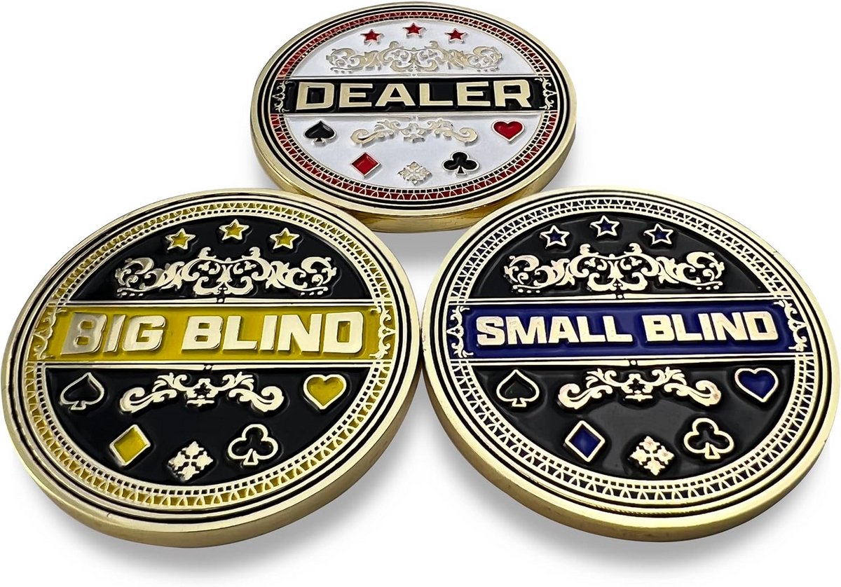 Set van 3 Metalen Poker Positiemarkeringen (Dealer, Big Blind, Small Blind) - Kaartgewichten
