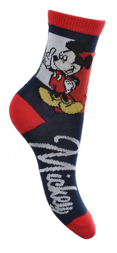 Donkerblauwe kindersok met Mickey Mouse en 'Mickey' tekst.
