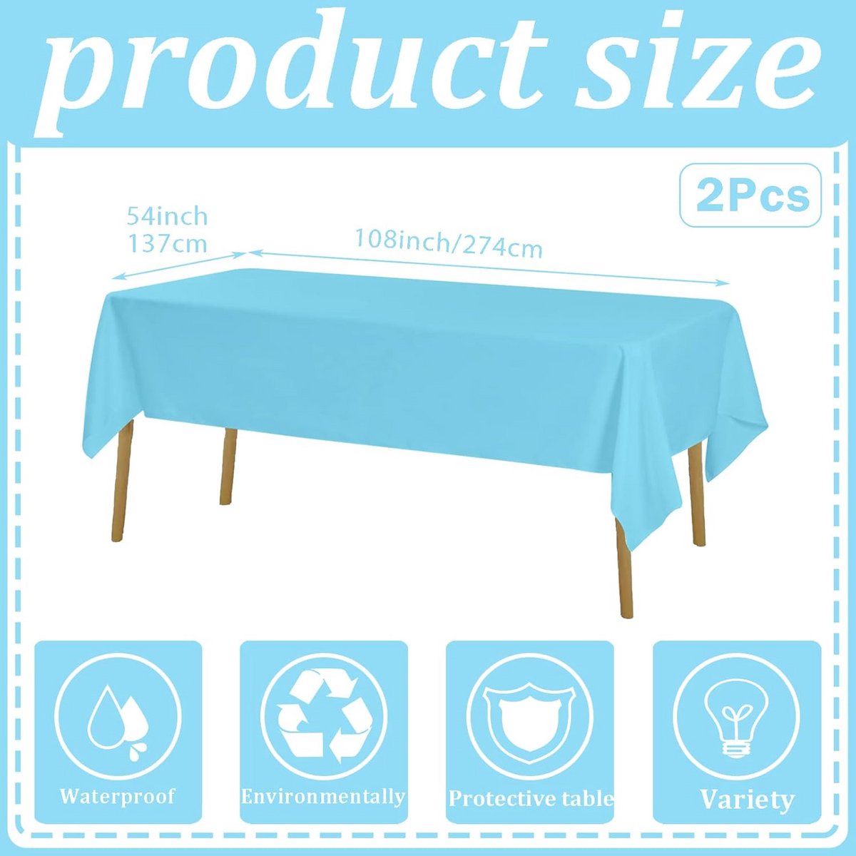 2x Lichtblauwe Waterdichte Tafellakens voor Feest en Picknick 137x274 cm