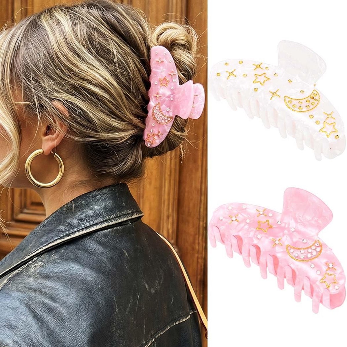 Grote Roze Acryl Haarclip met Strik en Parels - Stevige Klem voor Dik Haar