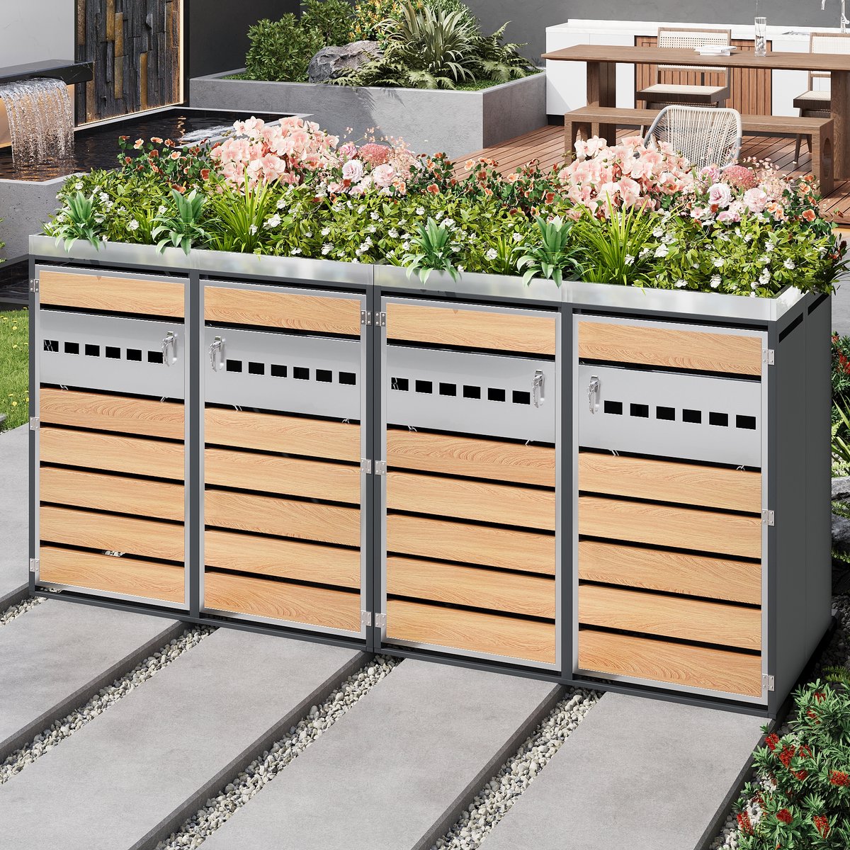 STILVORA Afvalcontainer Ombouw - 4 Vakken Met Afsluitbare Deuren En Planterbak - Voor Tuin En Oprit - Staal - Grijs;Houtlook