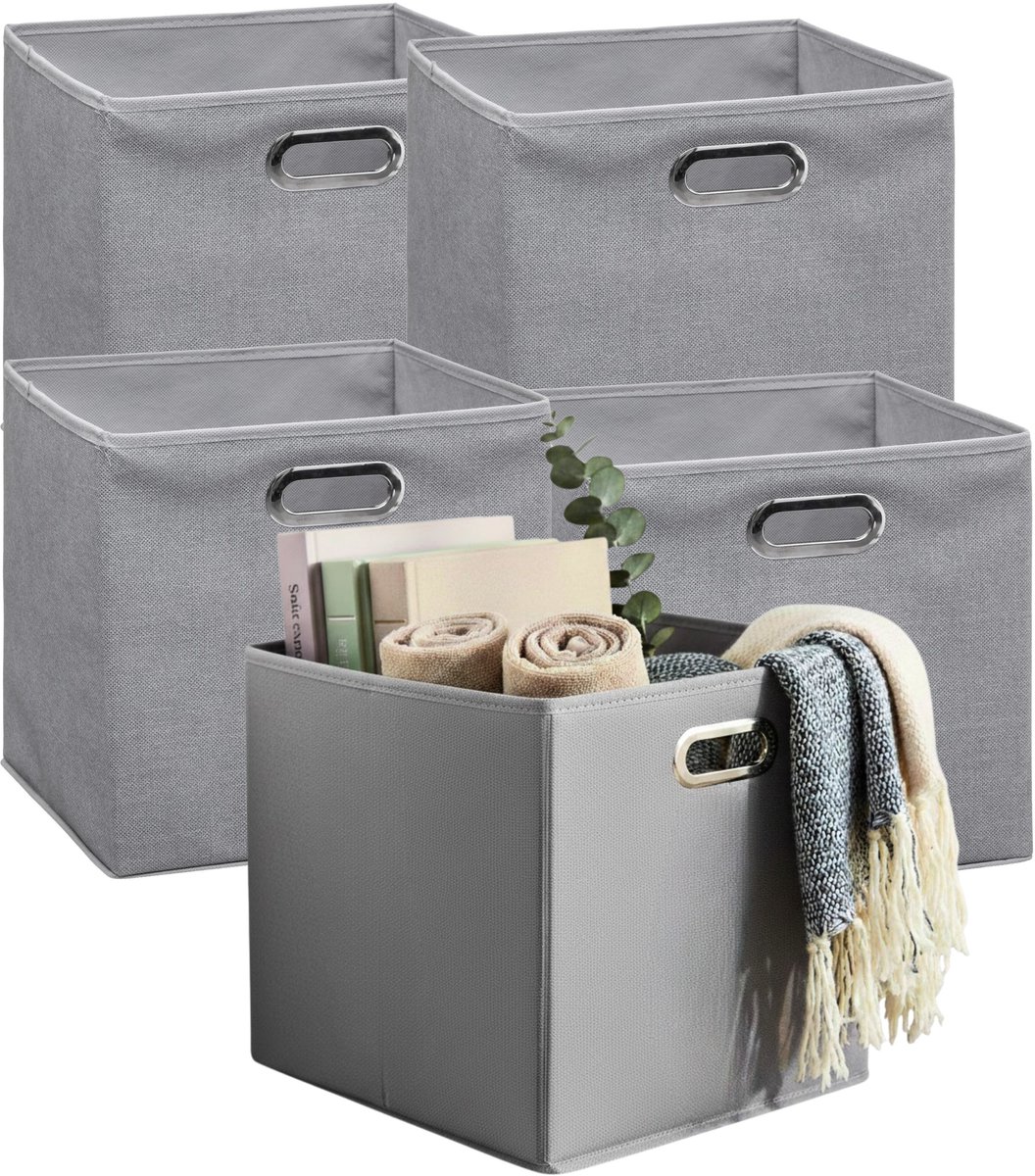 5Five Opbergmandjes - 5x - grijs - stof - inhoud 29 liter - 31 x 31 x 31 cm - Kast opberg box