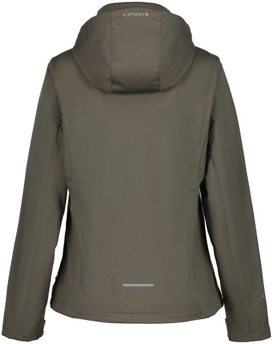 Donkergroene softshell jas, achterkant met reflecterende streep en capuchon.