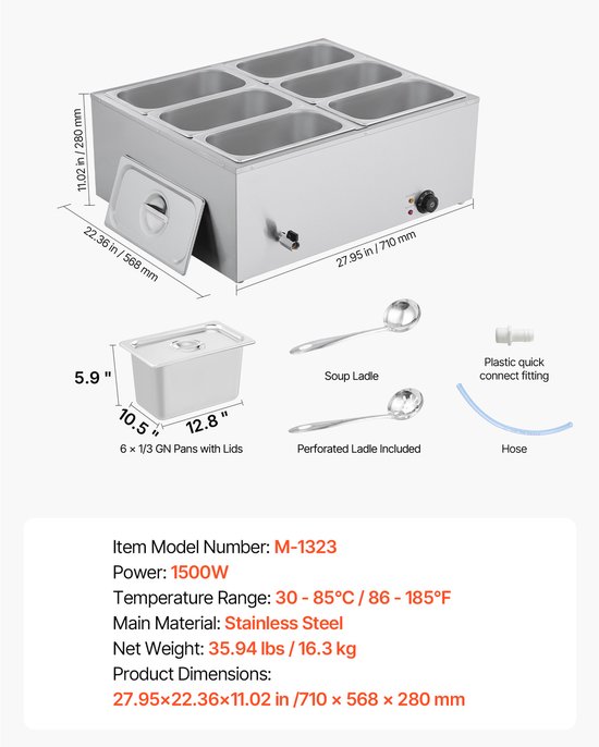 Elektrische Bain-Marie Voedselverwarmer - Chafing Dish Set - 6 x GN 1/3 Bakken - 1,5 kW - Met Deksel en Soeplepel - Voor Buffet, Catering en Feesten - RVS — afbeelding 5