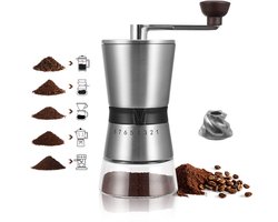 Handmatige/handbediende koffiemolen met keramisch maalmechanisme, Geschikt voor espresso, biedt 8 maalstanden.