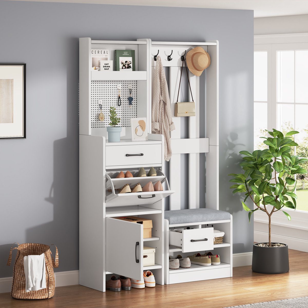 Kledingrek Met Schoenenbank En Opbergruimte Voor Hal En Entree Van Spaanplaat In Wit 110 X 35 X 175,5 Cm
