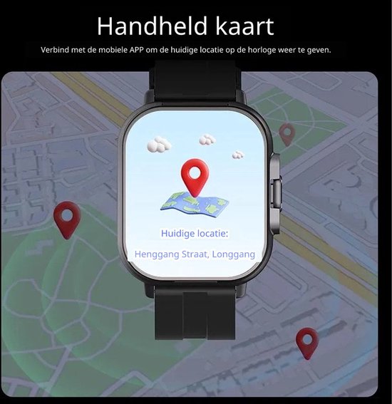 Zwarte smartwatch met een kaartweergave en GPS-pinnen, met de tekst 'Huidige locatie: Henggang Straat, Longgang'.