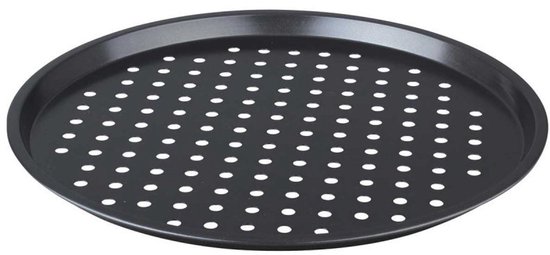 Plaque à pizza ronde noire perforée, 33 cm de diamètre.