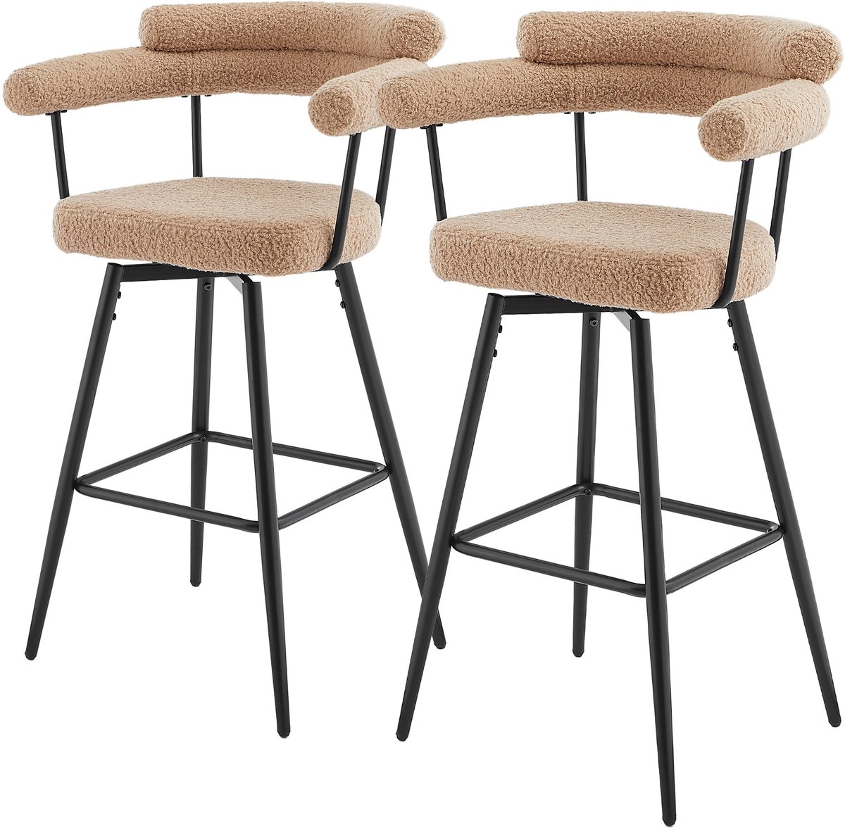 ml-design draaibare barkrukken set van 2 bruin teddy gestoffeerde keukenstoelen met armleuning rugleuning voetsteun 360 graden draaibaar hoge barkrukken bistrokrukken moderne barstoelen comfortabele keukenkrukken stalen frame rond design