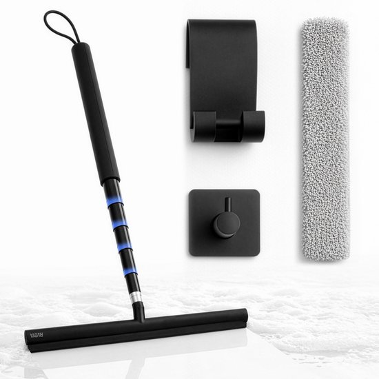 Raclette noire extensible avec mousse, raclette microfibre, support de suspension et crochet, sur fond blanc.