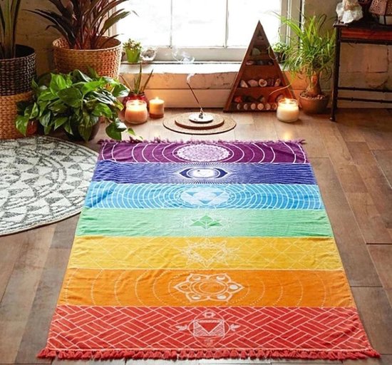 Chakra kleed - Meditatie / yoga deken - Doek met chakra symbolen - Stranddoek / handdoek / muurkleed / wandkleed - 7 chakra's - 150x70 cm - Regenboog - Jonyx van Chakra. — afbeelding 4