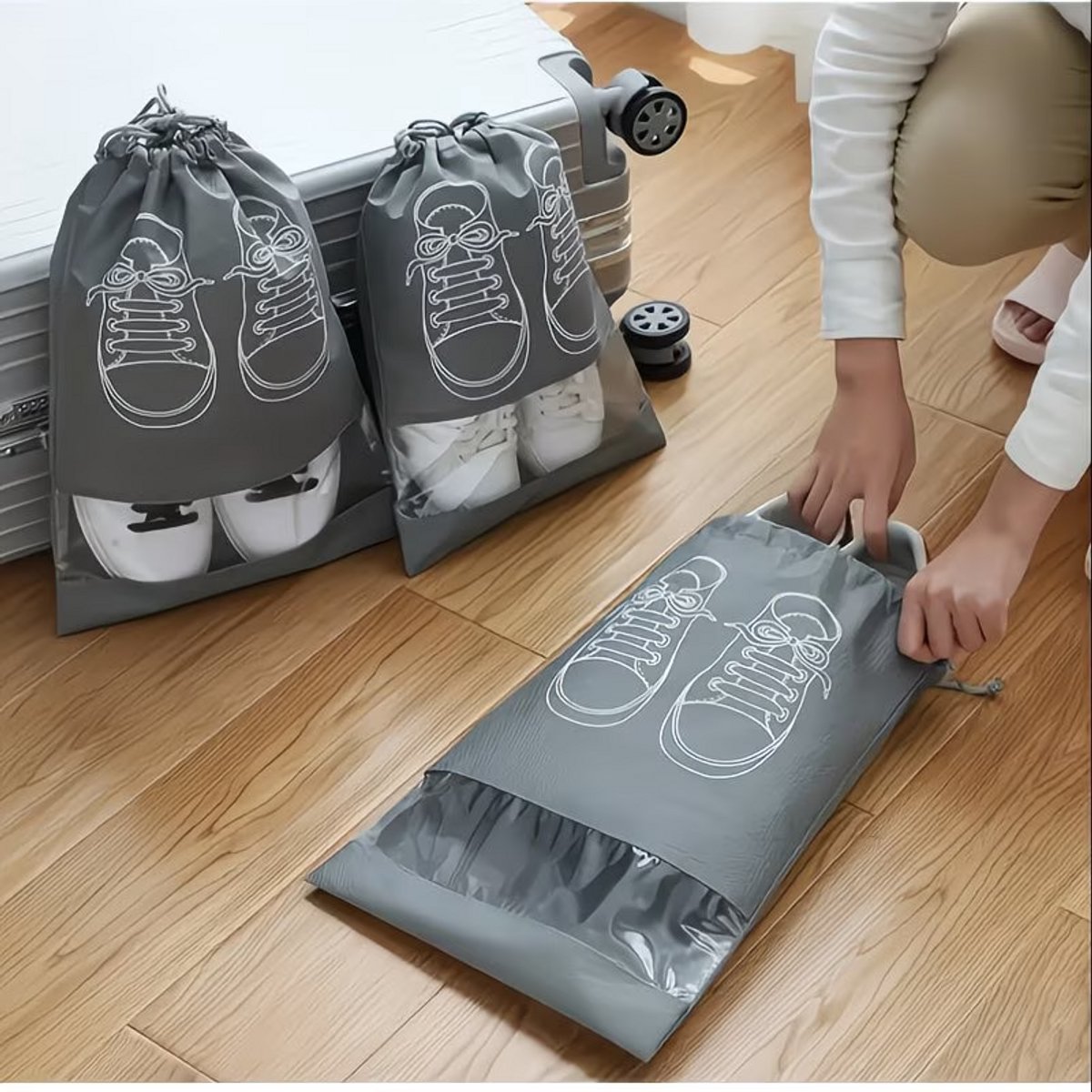 10 stuks reisschoenentassen van non-woven stof, stofdichte opbergtassen met trekkoord, geschikt voor schoenen en kleding, grijs