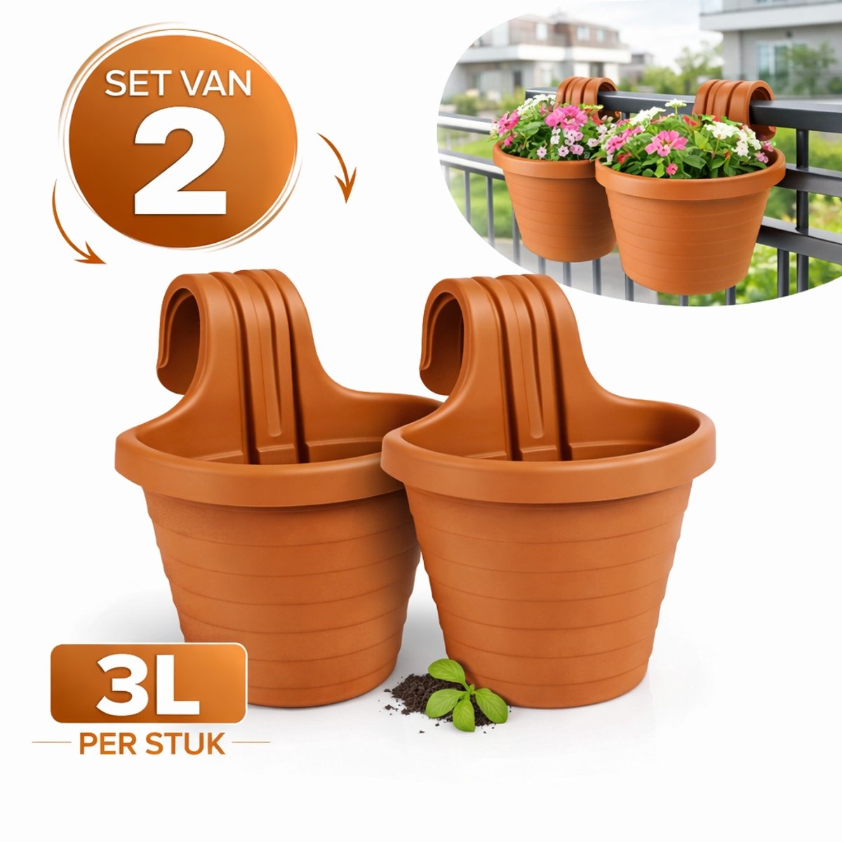 CAMELLIA Hangende Bloempot – Set van 2 – 3 Liter – Balkon Plantenbak – Terracotta – Voor Railing – 28 x 20 x 24,5 cm