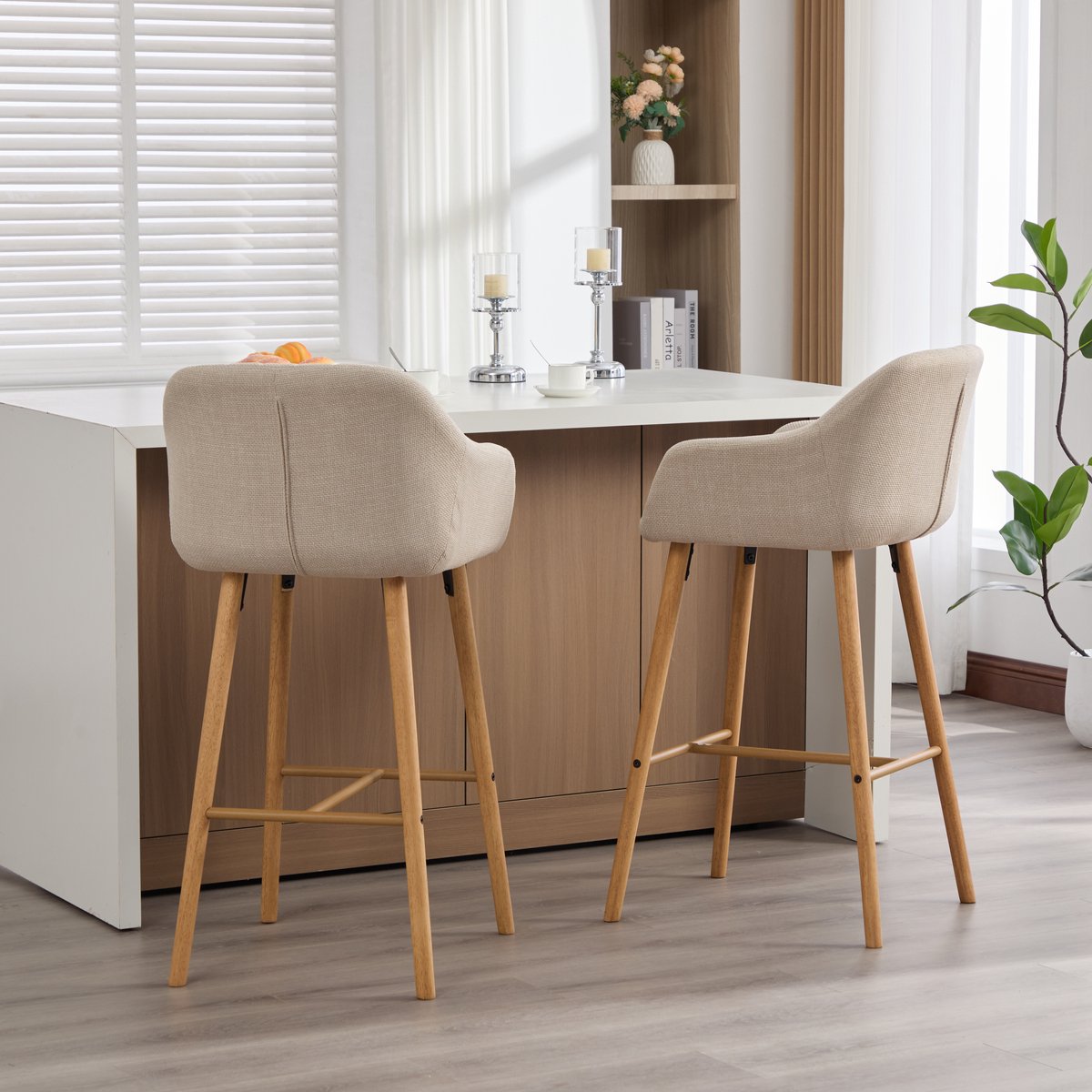 REDOM - Barkrukken Set Van 2 - Hoge Rugleuning En Armleuningen - Noordse Minimalistische Stijl - Voor Keukeneiland - Linnen - Beige