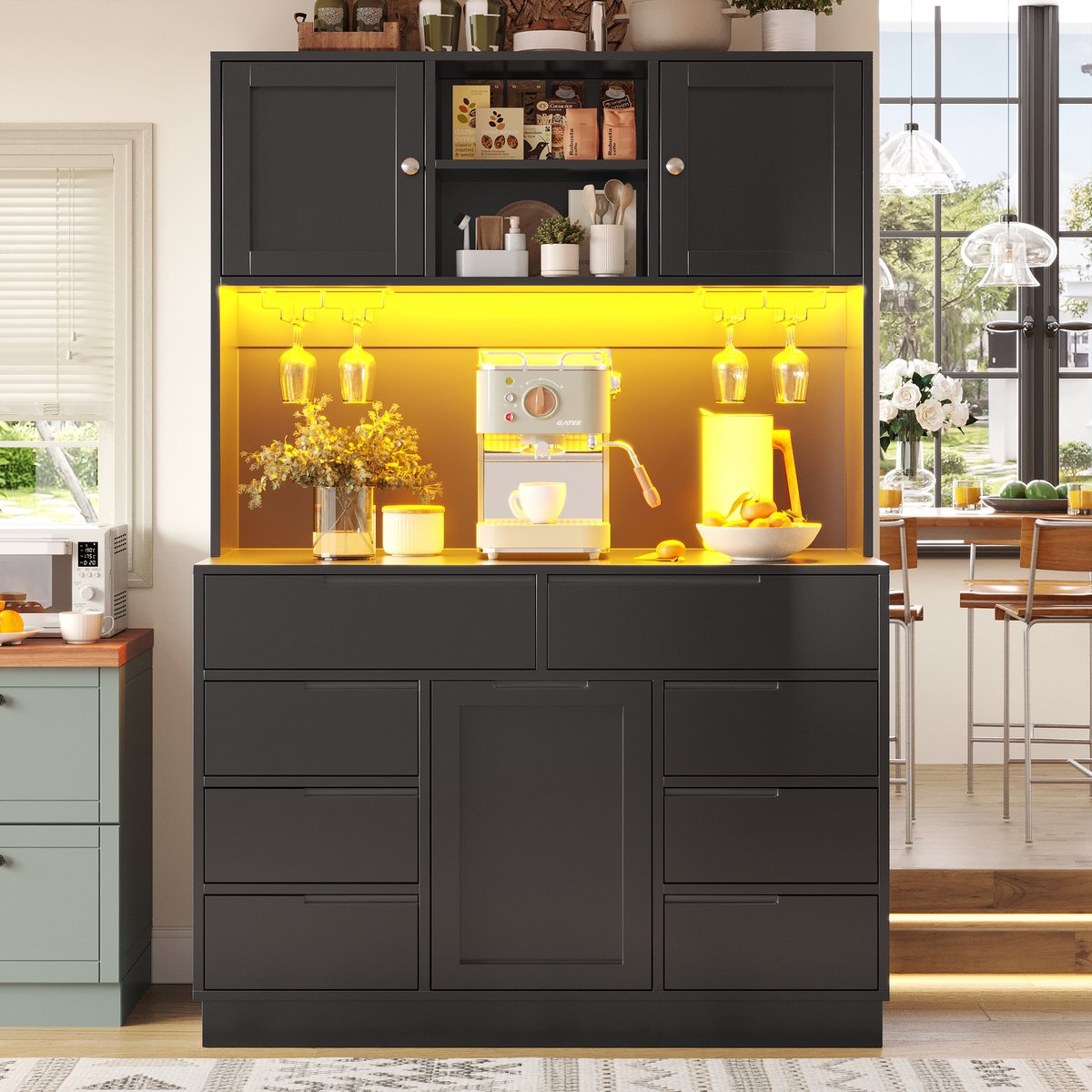 REDOM - Keukenkast - Met Ledverlichting En 8 Laden - Modern - Voor De Keuken - MDF - Zwart - 120 X 40 X 183,5 Cm