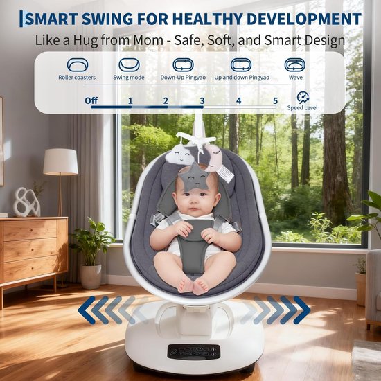 Elektrische Babywip - Schommelstoel Baby - Baby Entertainment - 5D Swing Technologie - 50 x 74.5 cm - Donkergrijs — afbeelding 5