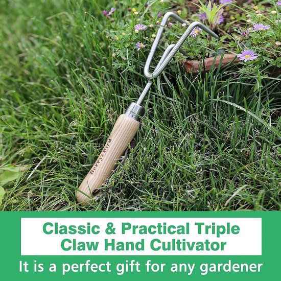 Hand Cultivator - Bodemwoeler Hark - Tuinonderhoud Onkruid - Roestvrij Staal Klauw - 29cm Lengte - Houtkleurig van Merkloos	 — afbeelding 3