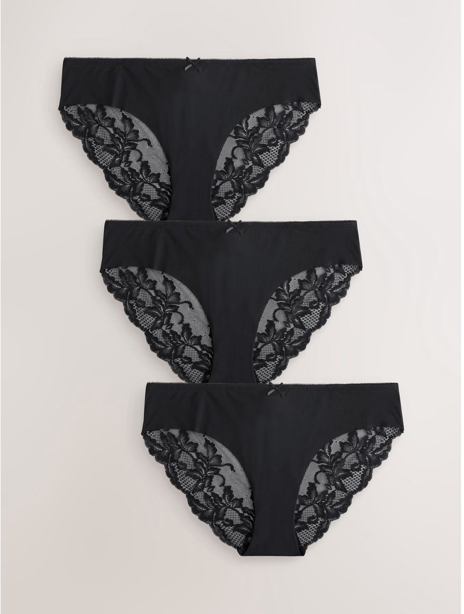 Next - Dames - No VPL set van 3 Brazilian slips met kant aan achterzijde - Zwart