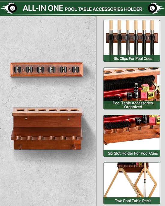 Pool Keu Houder - Biljart Keu Rack - Keu Opslag - Wandmontage Ontwerp - Houdt 6 Keuen Vast - Bruin — afbeelding 3