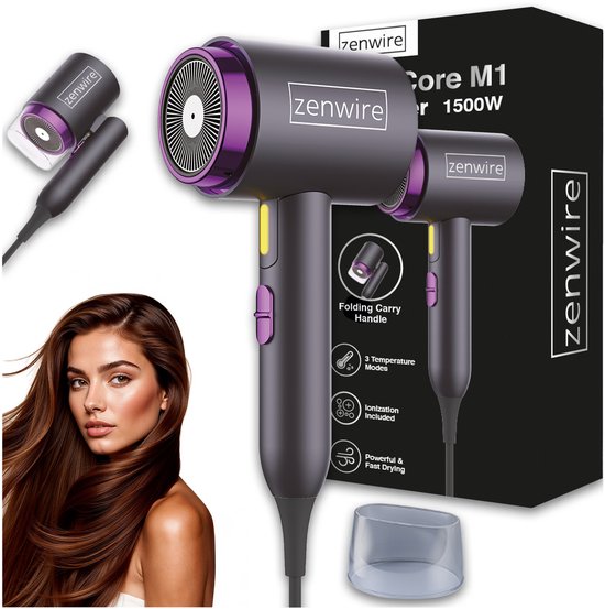 Reisföhn Zenwire ShineCore M1 1500W met Ionisatie - Opvouwbare Mini Haardroger, Compacte Föhn voor Reizen, Vakantie & Sportschool, Lichtgewicht, Temperatuurregeling, Concentrator Mondstuk, Zwart-Paars
