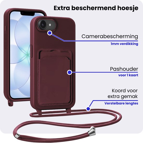 Auberginekleurig telefoonhoesje met kaarthouder, koord en camerabescherming.