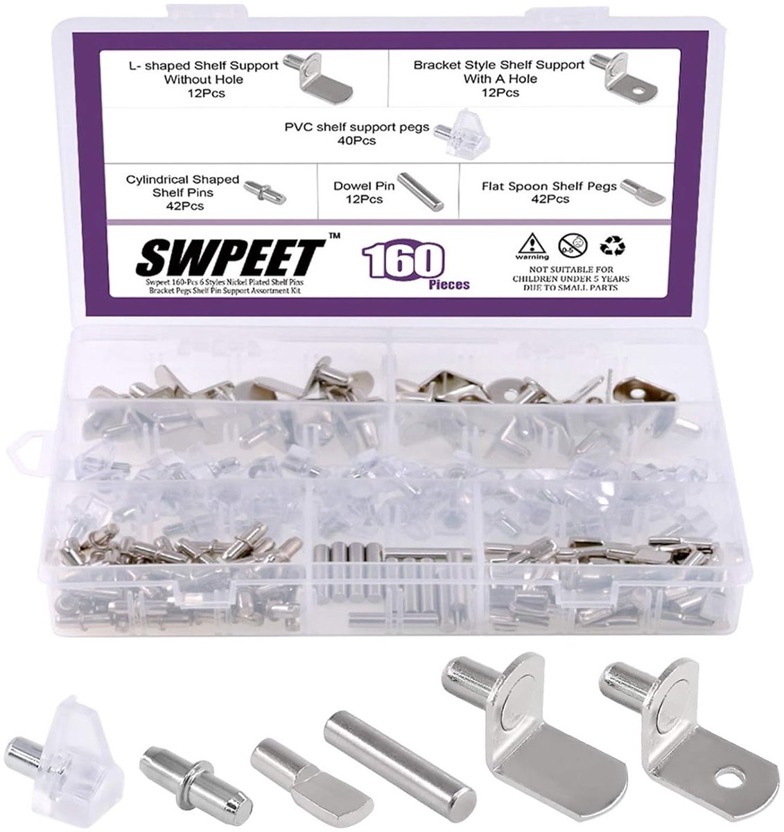 Plank Pins Kit - Planksteunen Meubels - Kast Reparatie - 160 Stuks 6 Stijlen - Vernikkeld