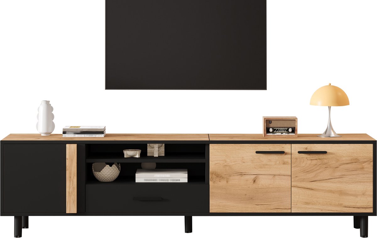 Wishdor Tv-Meubel - 3 Kasten En 1 Lade - Scandinavisch - Voor Woonkamer - Spaanplaat - Zwart En Houtkleur - 180 X 32,5 X 50 Cm Zwart, Hout