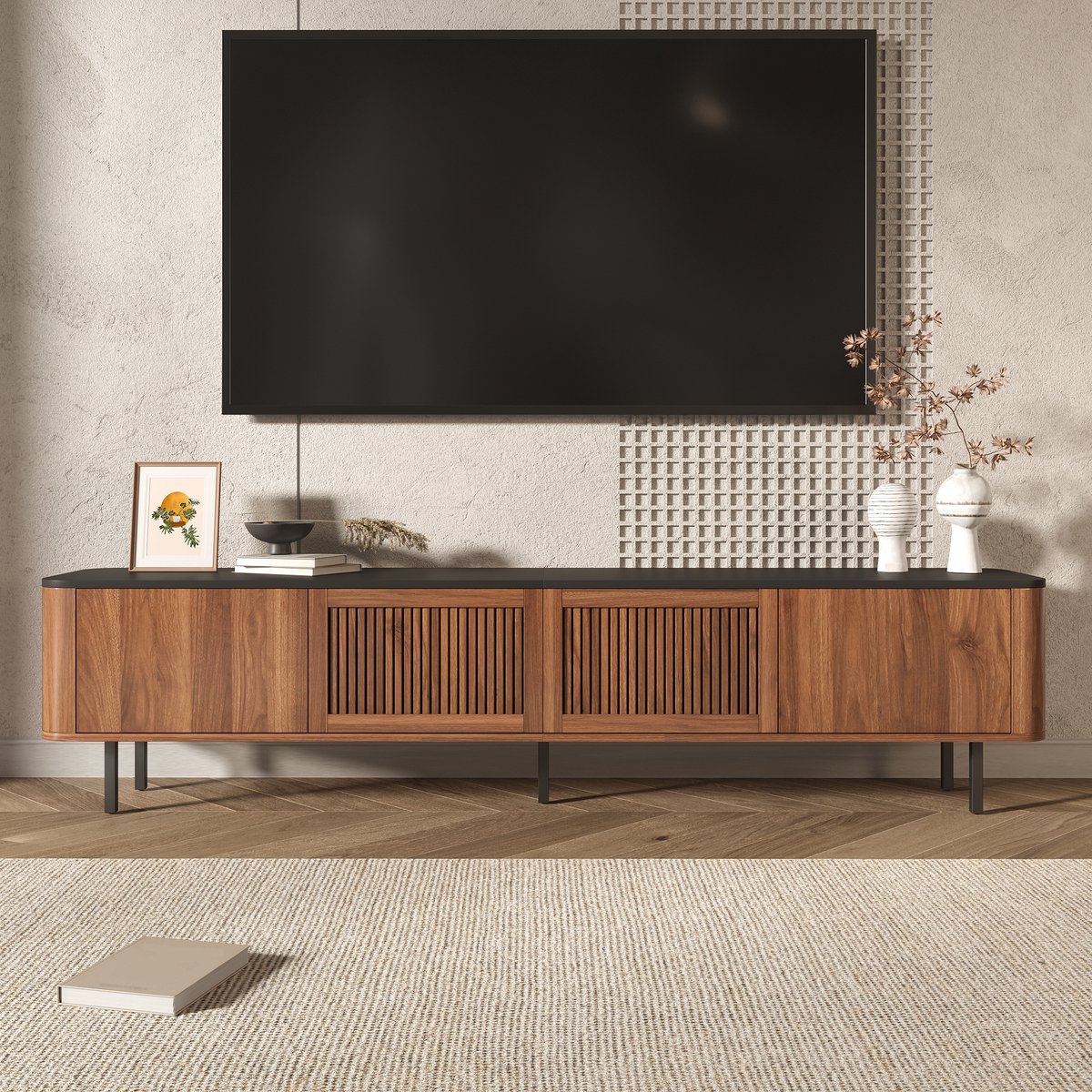 Wishdor - TV-Meubel - Roosterdeuren En Opbergruimte - Modern - Woonkamer - MDF En Spaanplaat - Walnoot - 190 x 35 x 45 cm