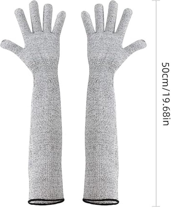 Grijze, snijbestendige handschoenen met lange mouwen, 50 cm lang.