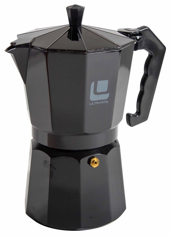 Zwarte koffiemaker met logo 'ULTIMATE' en gouden ventiel.