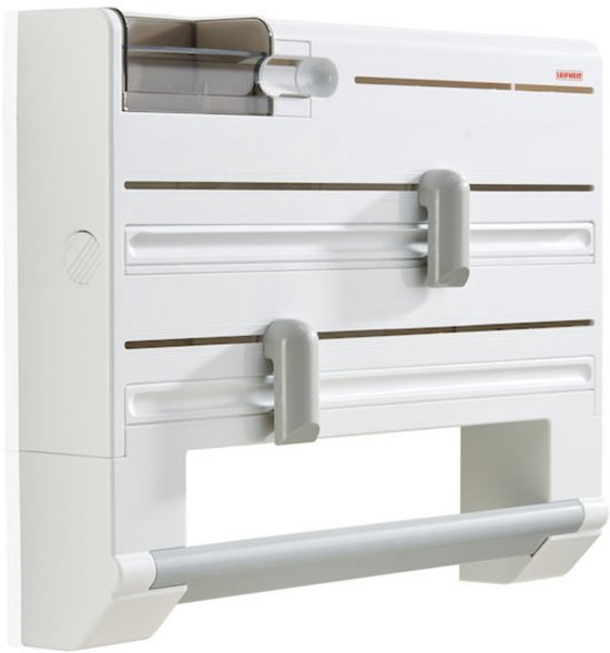 Porte-rouleau de cuisine Leifheit blanc avec distributeurs pour film aluminium et film alimentaire.