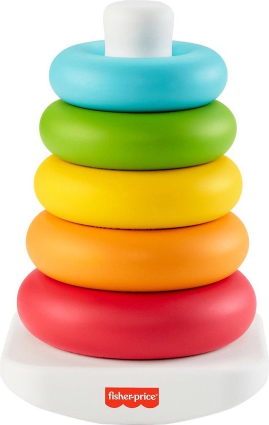 Fisher-Price stapelpiramide met vijf gekleurde ringen: rood, oranje, geel, groen en blauw, op een witte basis.