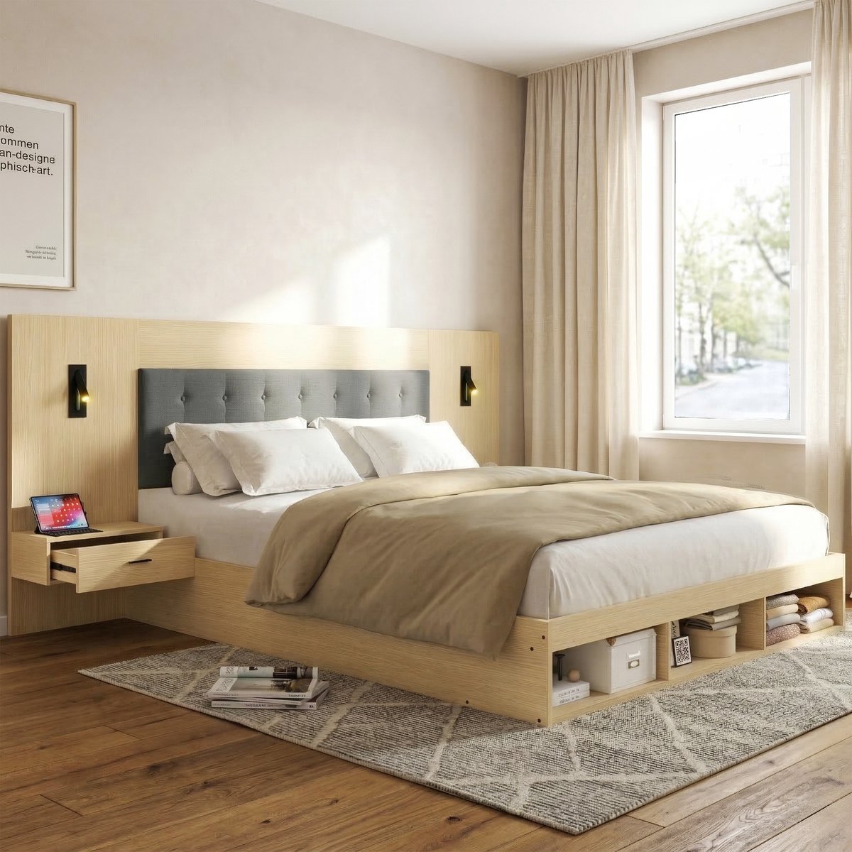 Sweiko Tweepersoonsbed - 160 × 200 cm - Opbergruimte - USB/Type-C - 2 leeslampjes - 2 nach