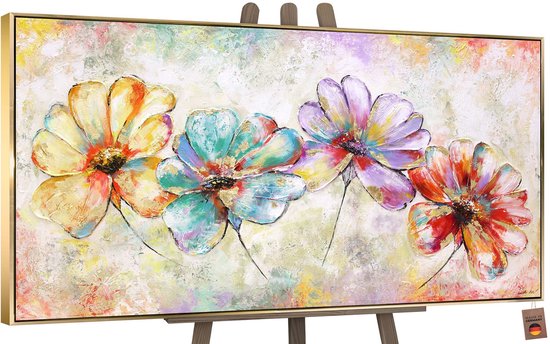 YS Schilderij Canvas schilderij groot handgeschilderd prachtige bloemen botanisch Ð YS-Art Gallery Ð Luxe wanddecoratie voor woonkamer Ð Modern schilderij voor slaapkamer en kantoor Gold 200x100