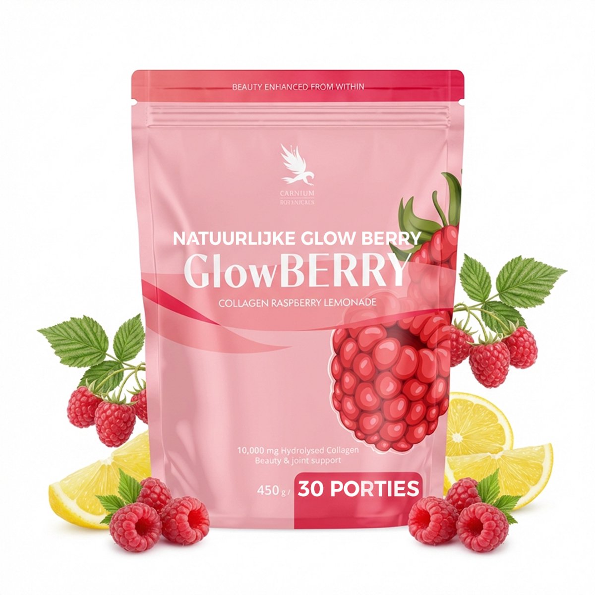 Carnium Botanicals Glow Berry Collageen - Met hyaluronzuur, vitamine C, zink - 10.000 mg Collageen - 450 g - 30 porties