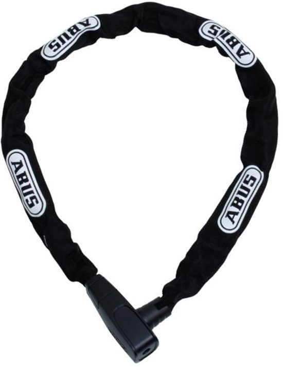 Zwart ABUS kettingslot met witte 'ABUS' logo's.