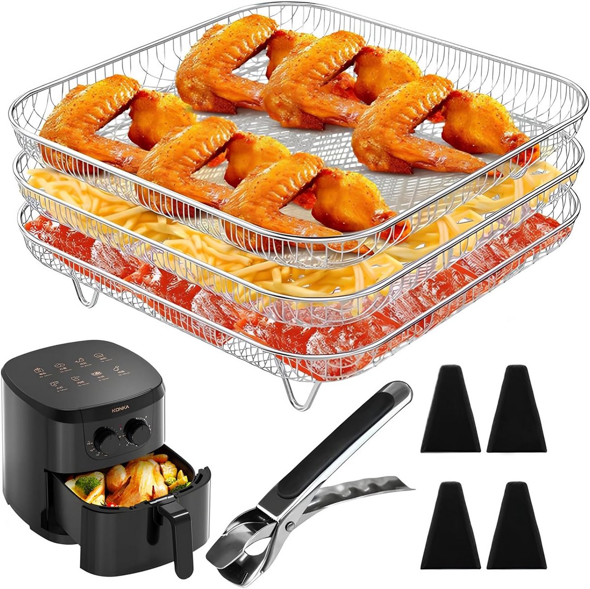 3-Laags Stapelbaar Airfryer Rooster met 3 Uitneembare Vakken