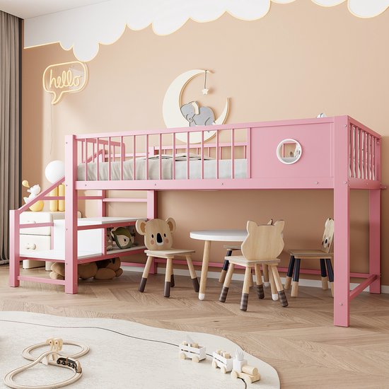 Wishdor Lit mezzanine bas Met échelle de rangement – Métal – Rose – 90x200 cm