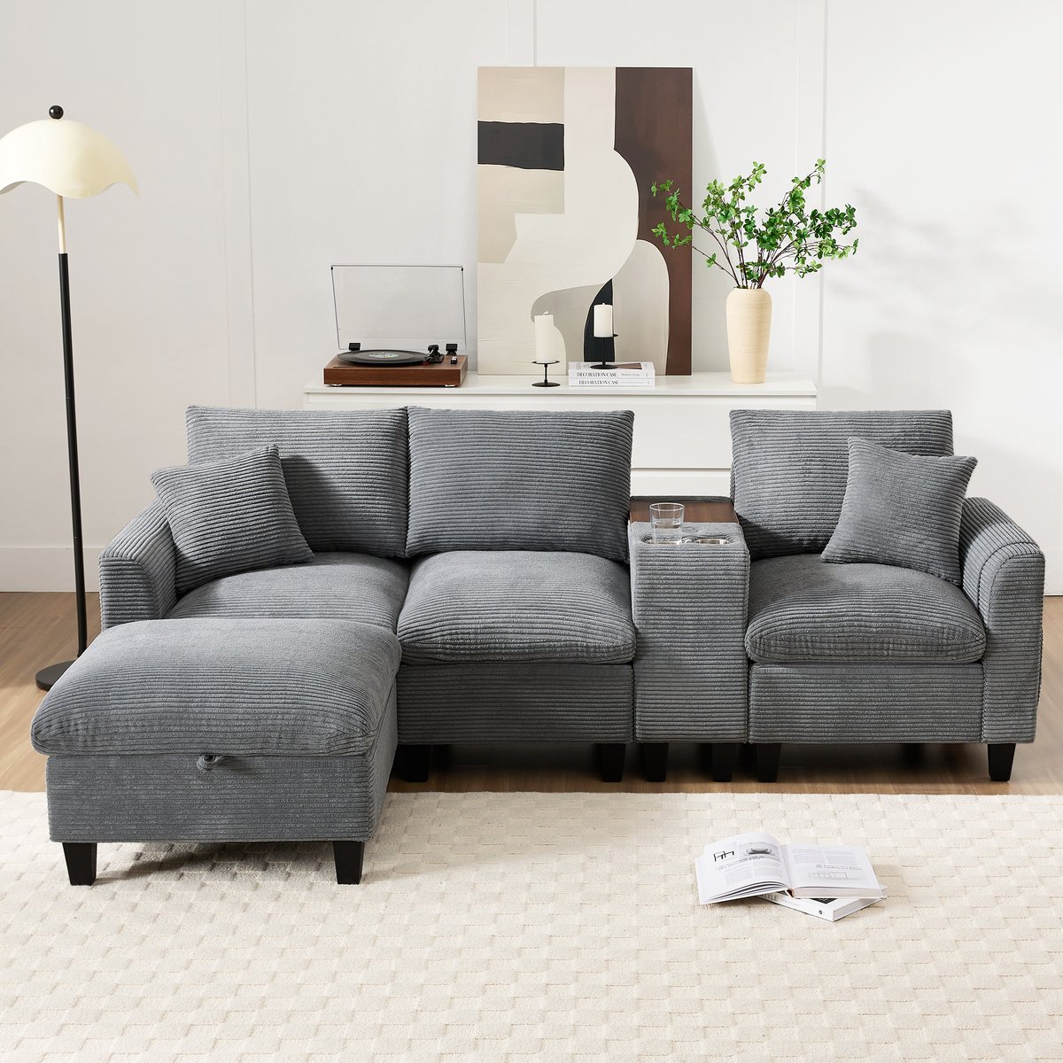 MODFU Hoekbank - Met Middenconsole En Opberghocker - Modern - Voor Woonkamer - Ribstof - Grijs - 229 x 149,5 x 83 cm