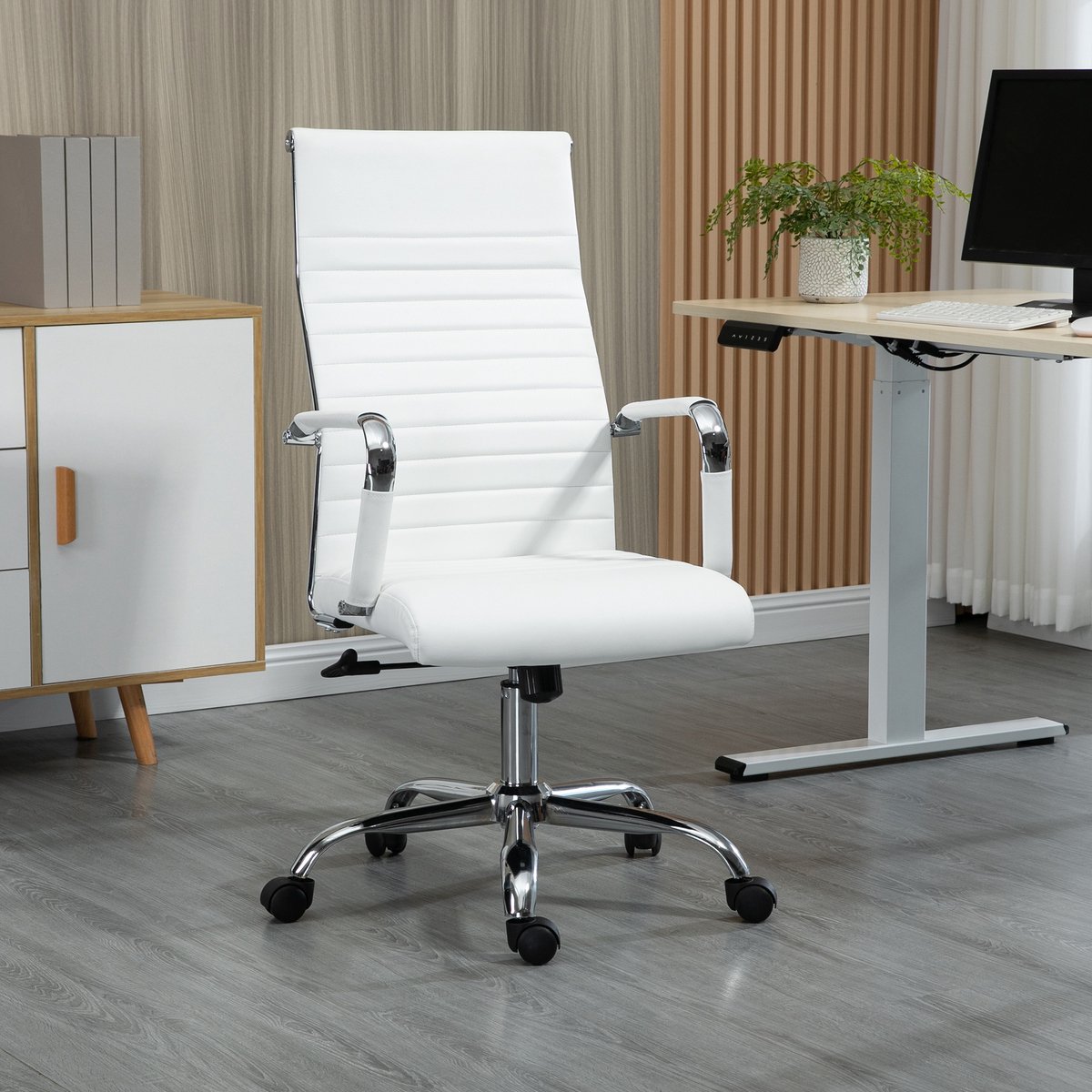 MODFU - Bureaustoel - Ergonomisch - Schommelfunctie En 360° Wielen - Modern - Werkkamer - Kunstleer - Wit