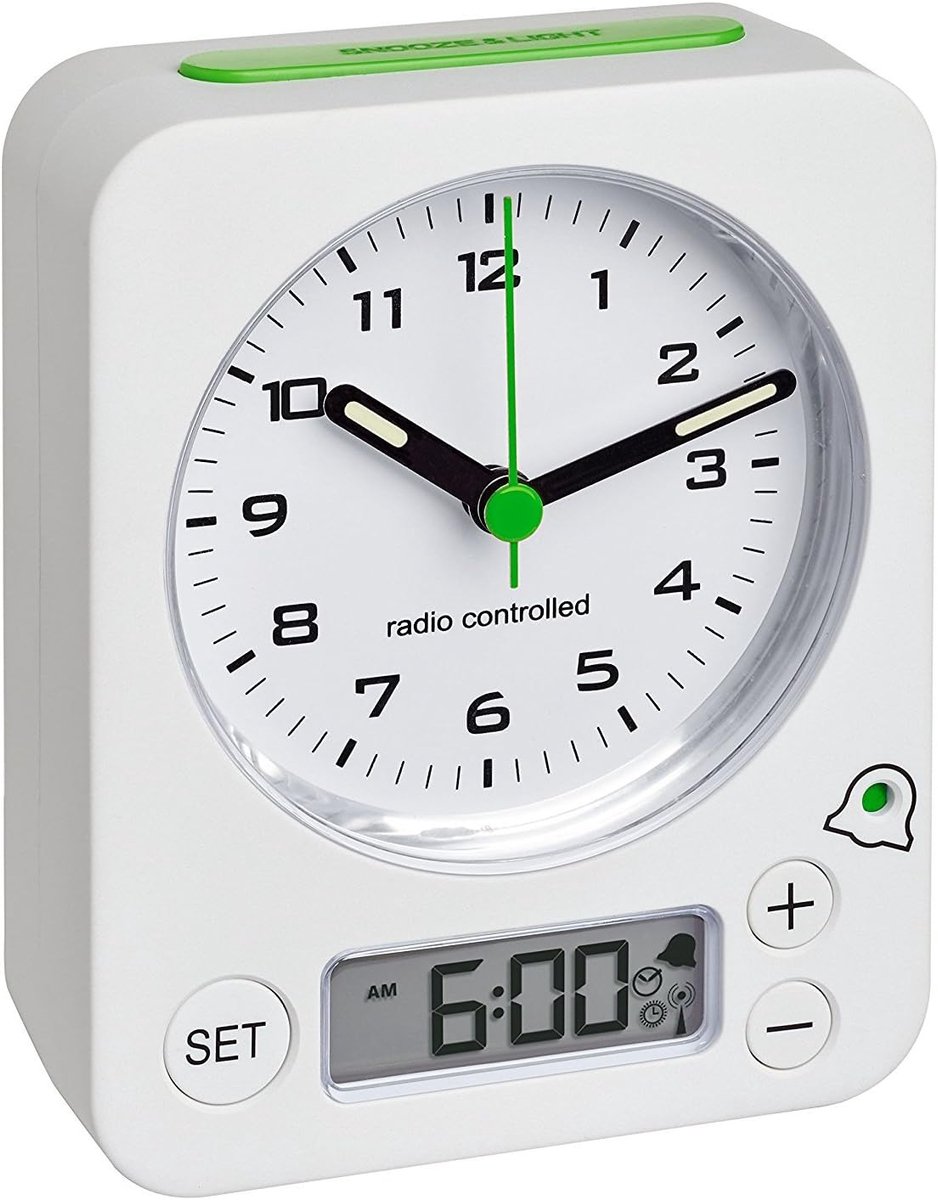 Reiswekker Analoog - Wekker Digitaal - Reizen Kantoor - Radio Gestuurd - 11.5 x 9 x 4 cm - Wit Groen