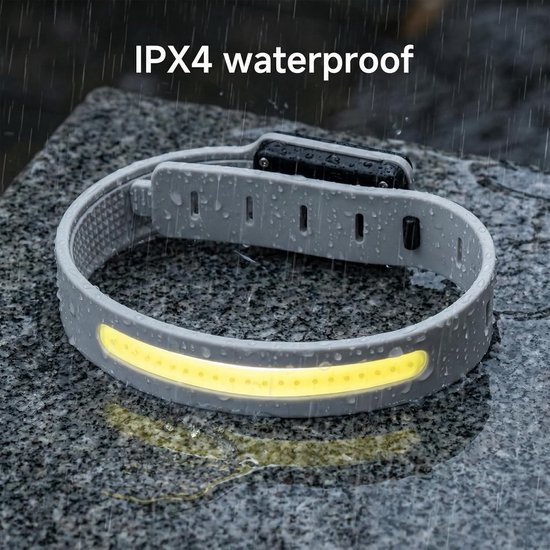 Grijze siliconen hoofdlamp met gele LED-strip, die nat is van de regen. IPX4 waterdicht.