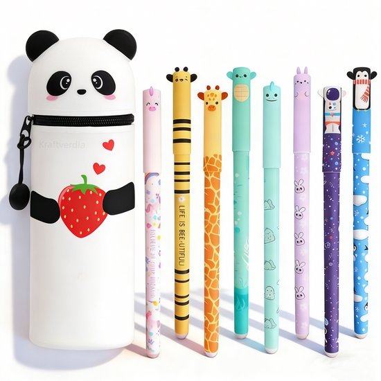 Kraftverdia - Uitwisbare pennen 8 kleuren - Gelpennen met siliconen etui - Panda Pennenzak - 0,6 mm Cartoon Patroon Dierenpen voor Schoolspullen van Kinderen of Kantoorbenodigdheden voor Volwassenen - Cadeauset - Niet geschikt voor legami vulling