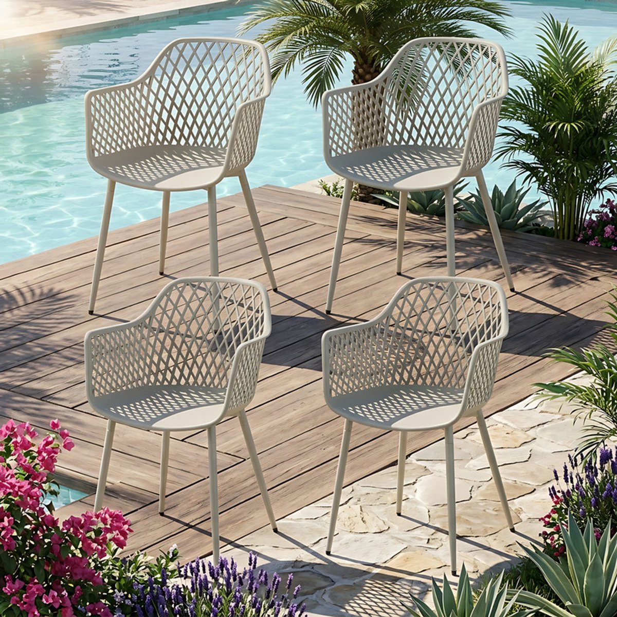 EGGREE Tuinstoelen voor buiten - set van 4 - kunststof stoelen met armleuningen en metalen poten - tuinstoelen voor buiten voor het terras - balkon - eetkamer en woonkamer - rugleuning met opengewerkt ontwerp - grijs