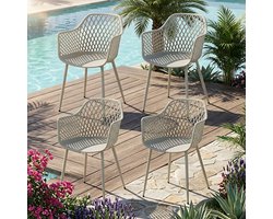 EGGREE Tuinstoelen voor buiten – set van 4 – kunststof stoelen met armleuningen en metalen poten – tuinstoelen voor buiten voor het terras – balkon – eetkamer en woonkamer – rugleuning met opengewerkt ontwerp – grijs