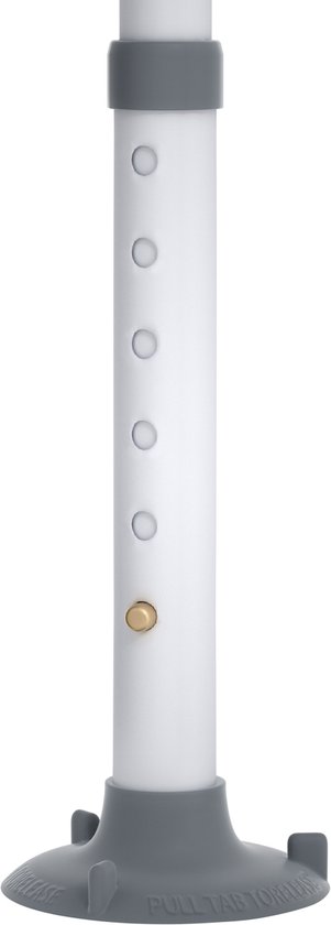 Detail van een verstelbare poot van een witte steun met grijze ringen en een rubberen voet.