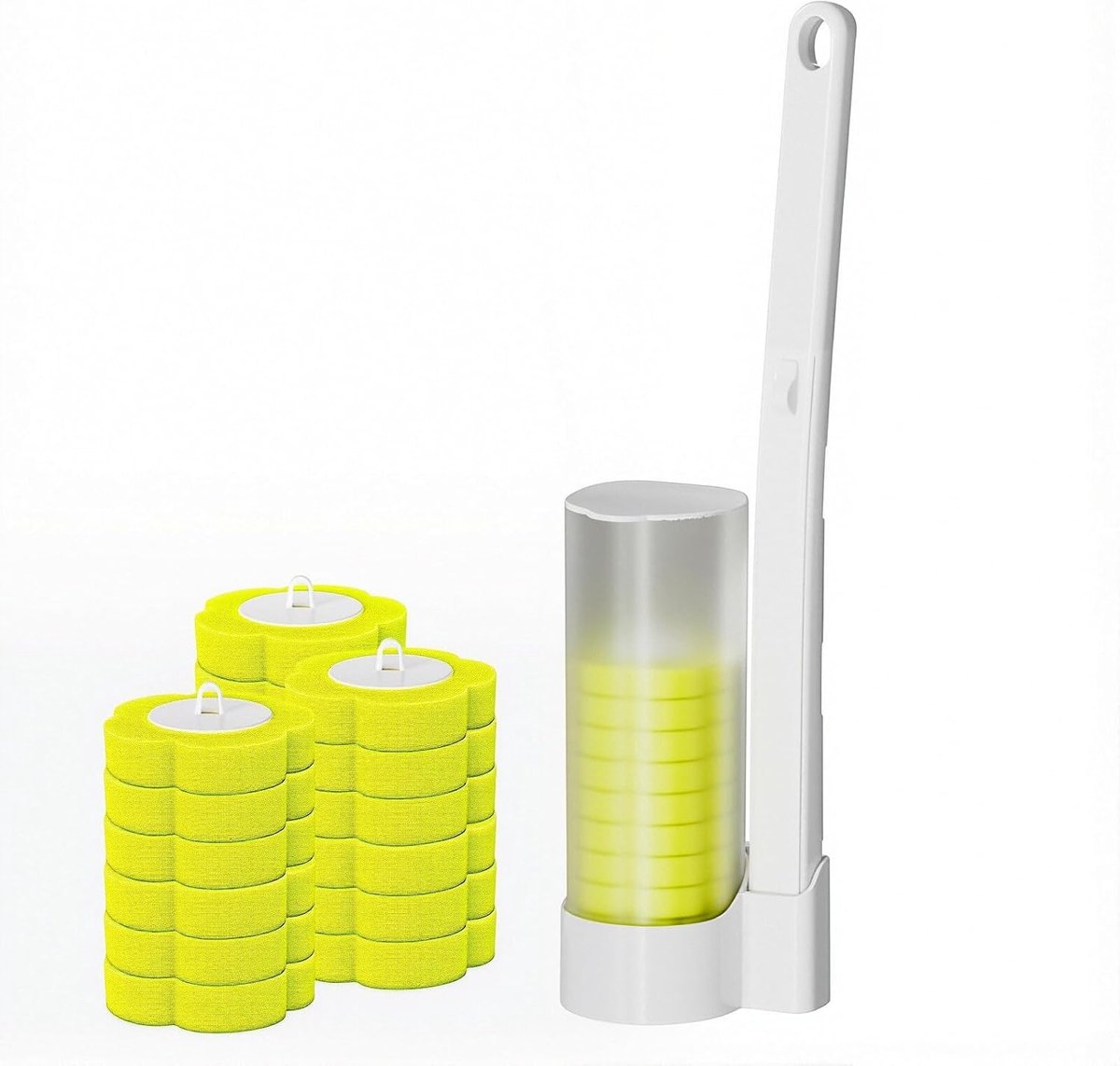 Toiletborstelset - Lengte handvat 40 × 5,5 cm - Toiletborstel met verlengd handvat - 18 vervangende borstelkoppen met citroengeur - Geschikt voor toiletten en badkamers - Geel