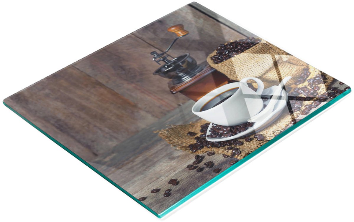 Stijlvol en duurzaam glazen bord met koffieboonprint en mok, 60x52 cm